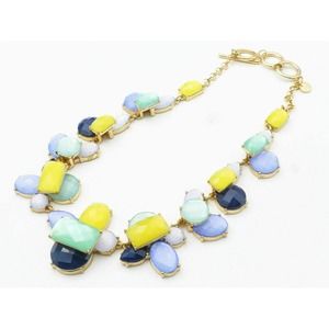 TALBOTS Statement Necklace Yellow Blue Green Beaded Gold-Tone Chain